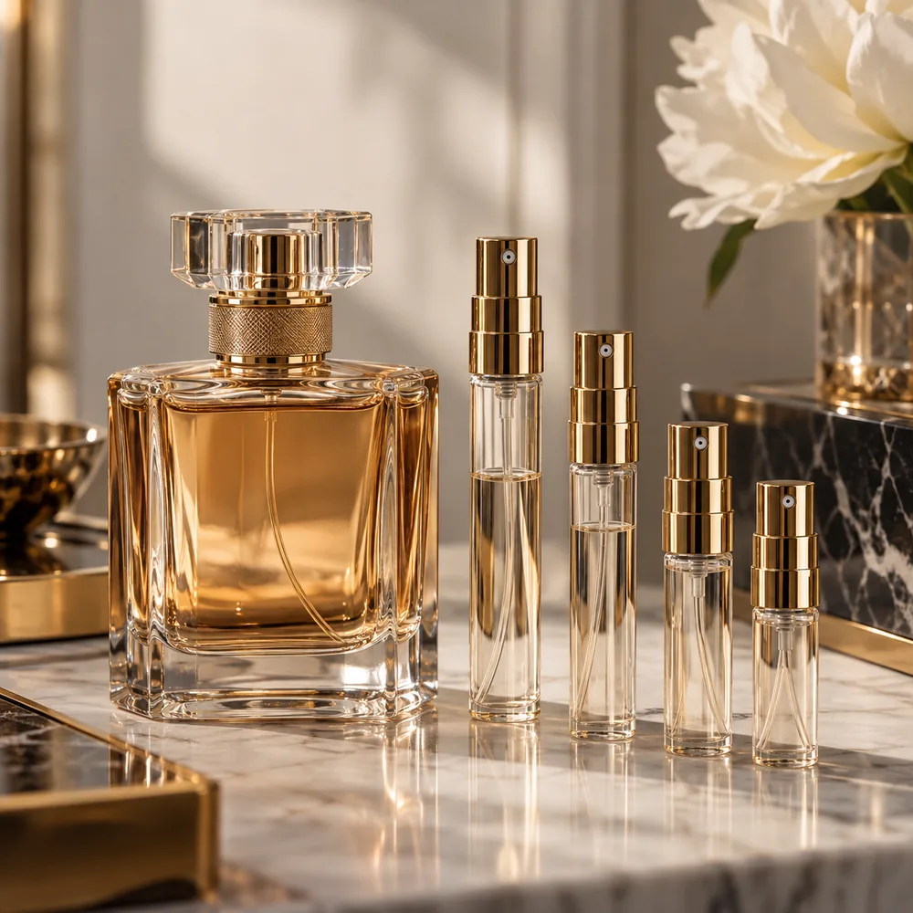 Frasco de perfume junto a cuatro decants con atomizador dorado