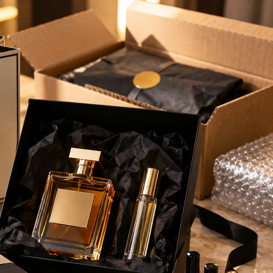Perfume y decant en una caja negra, listos para despachar junto a una caja de cartón